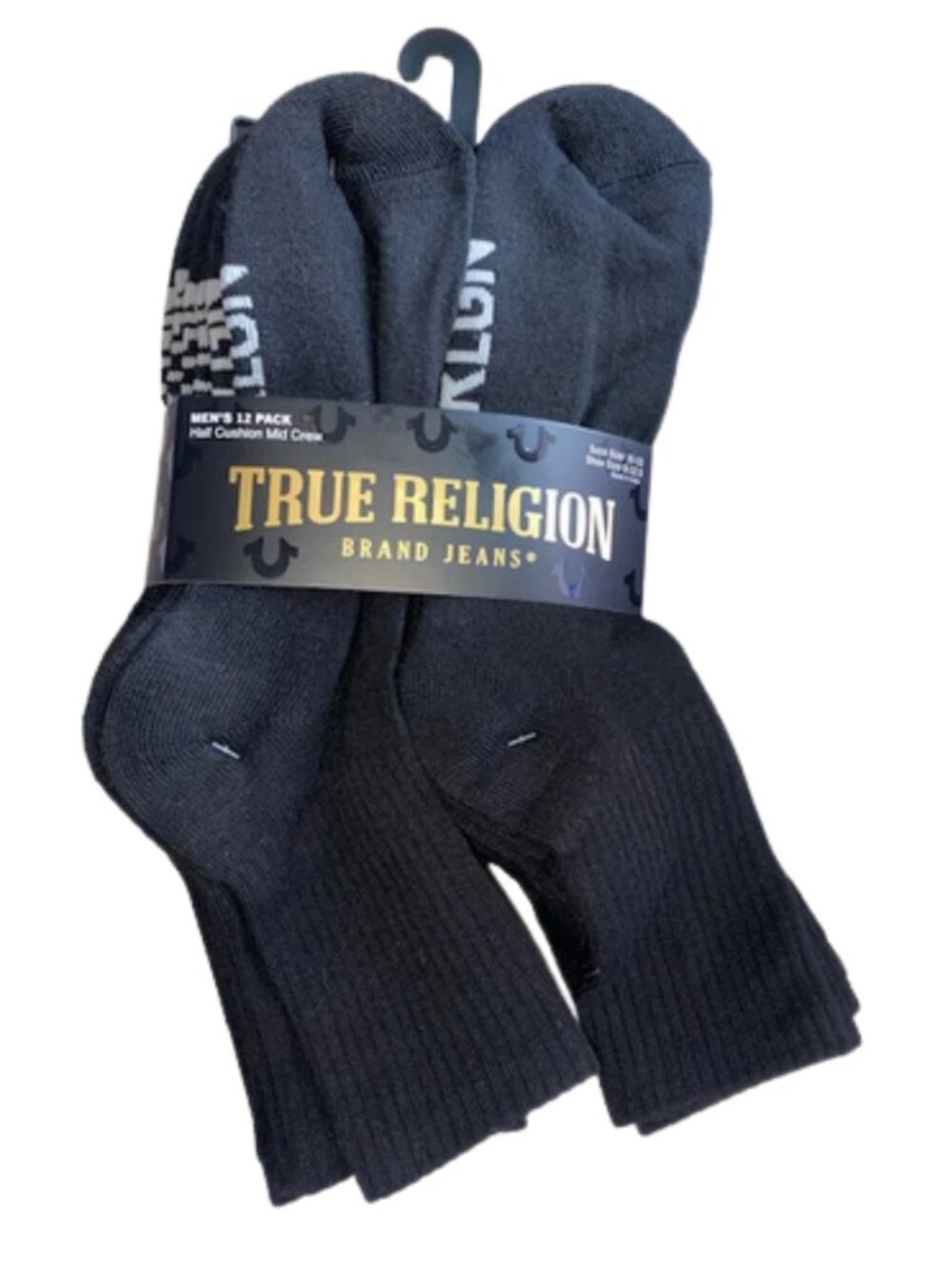True Religion 12 Pair Men's Black Half Cushion Mid Crew Socks Sock Size 10-13